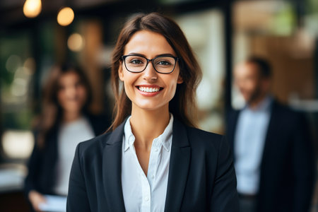 Portrait of smiling businesswoman in eyeglasses standing in officeの素材