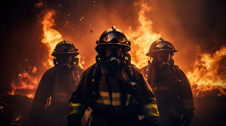 Firefighters fighting fire with smoke and flames on a dark background.の素材