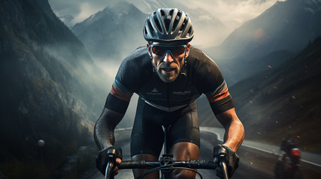 Cyclist Riding the Bike on the Road in the Mountains. Extreme Sport Concept.の素材