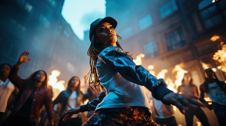 Group of young people dancing hip-hop in the city at nightの素材