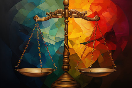 Digital illustration of scales of justice in colour background. Concept of law and justice.の素材