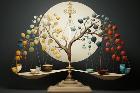3d rendering of a balance scale with a tree in the backgroundの素材