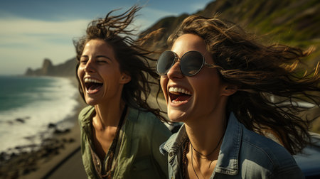 Two happy young women having fun on the beach. They are laughing and having fun.の素材