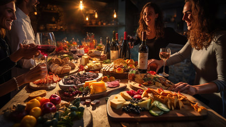 Group of friends having a dinner party in a restaurant, eating meat and wineの素材