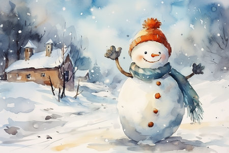 Watercolor illustration of a snowman in a winter village. Christmas card.の素材