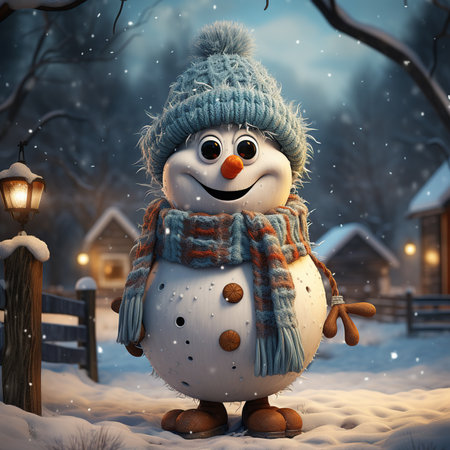 Snowman in a hat and scarf on the background of the winter village.の素材