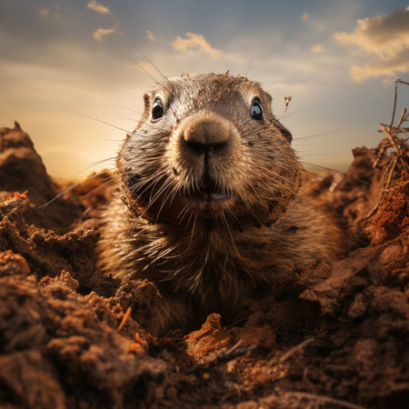 Prairie dog looking out of hole in the ground at sunsetの素材
