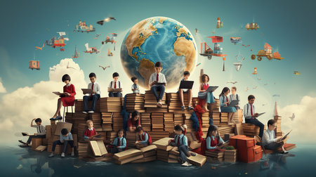 Global education concept with many schoolchildren sitting on a pile of booksの素材