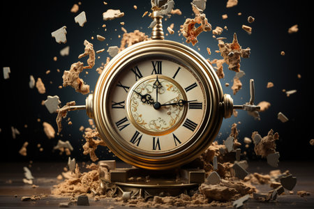 Time is money concept. Old clock with falling pieces of paper.の素材