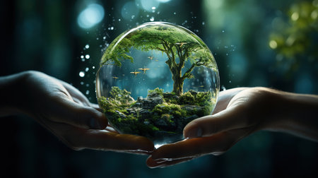 Close up of human hands holding glass globe with green forest inside. Mixed mediaの素材