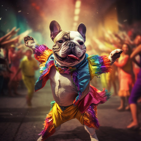 Funny french bulldog in colorful clothes dancing at night party.の素材