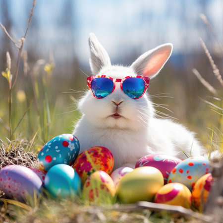 Easter bunny with colorful eggs on nature background. Happy easter.の素材