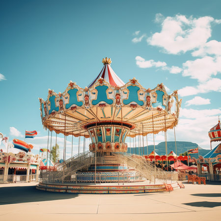 Vintage retro carousel in amusement park, retro style toned pictureの素材