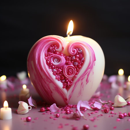 Heart shaped candle with rose petals on pink table, closeupの素材