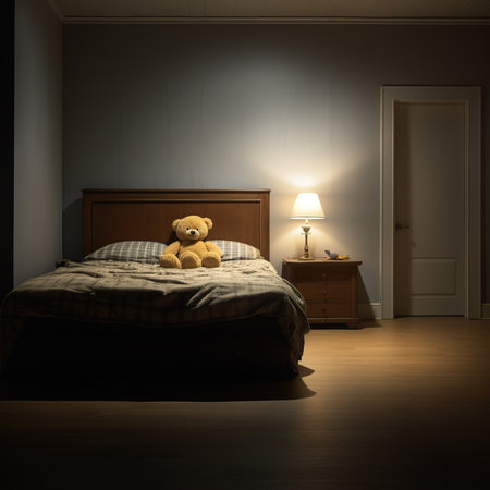 Teddy bear sitting on the bed in the bedroom. 3d renderingの素材