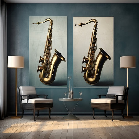 3d illustration of a saxophone in a room with armchairsの素材