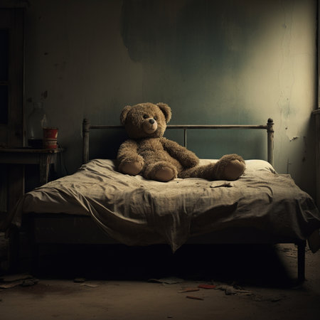 Teddy bear sitting on a bed in an abandoned house. Toned.の素材