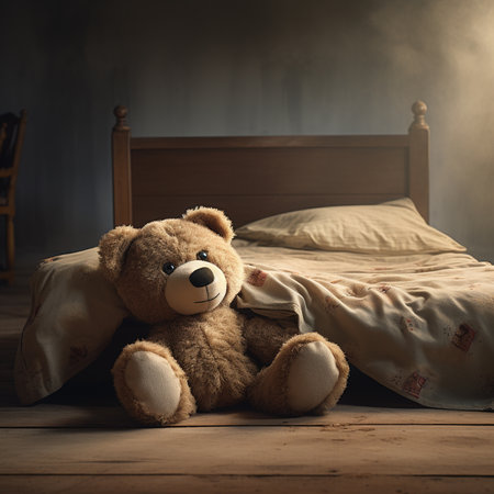 Teddy bear lying on the bed in the morning. Dark tone.の素材