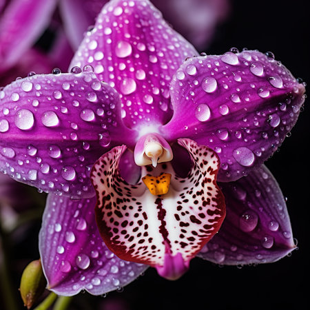 Beautiful purple orchid flower with water drops on black background.の素材