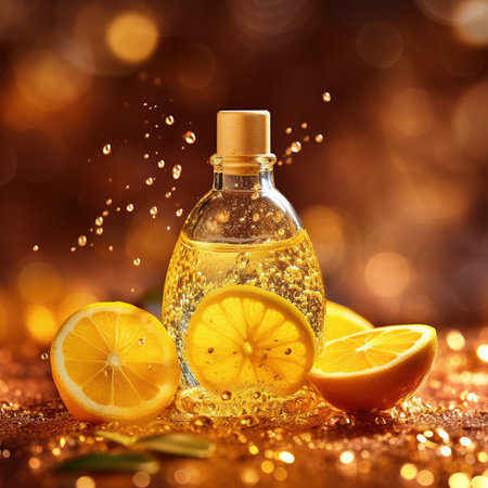 Lemon essential oil in glass bottle with splashes on golden bokeh backgroundの素材
