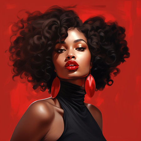 Beautiful african american woman with afro hairstyle on red backgroundの素材
