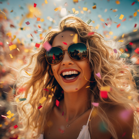 Portrait of a beautiful young woman in sunglasses with flying confettiの素材