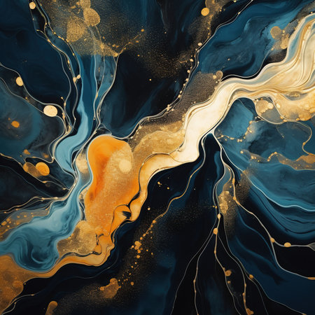 Abstract blue and golden marble texture background. Alcohol ink marble pattern.の素材