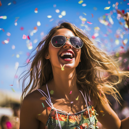Portrait of a beautiful young woman in sunglasses and swimsuit at the beach with confetti.の素材
