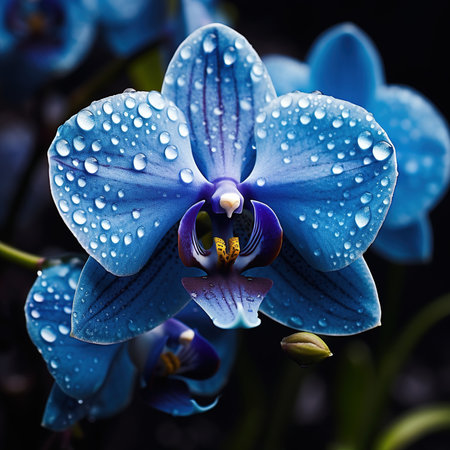 Beautiful blue orchid flower with drops of dew on petalsの素材