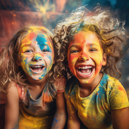 Portrait of a happy children with painted faces. Holi festival.の素材