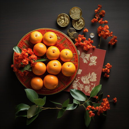Chinese New Year or lunar new year composition of mandarins on a black wooden background.の素材
