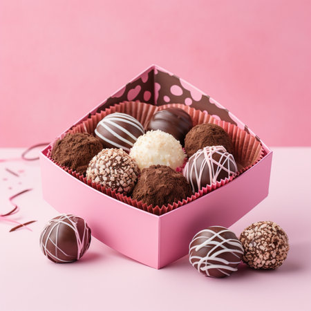 Box of chocolate candies on pink background. Copy space for text.の素材