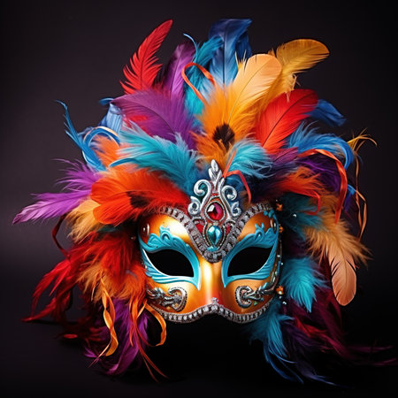 Beautiful carnival mask with feathers on black background, closeupの素材