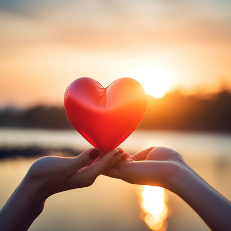 Red heart in the hands of a girl against the background of the sunsetの素材