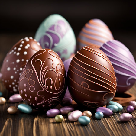 Chocolate easter eggs and candies on a wooden background.の素材