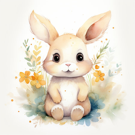 Cute watercolor baby bunny with flowers. Hand drawn illustration.の素材