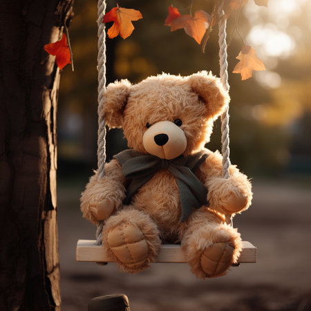 Teddy bear sitting on a swing in the park, autumn backgroundの素材