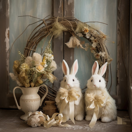 Rabbits in a rustic setting with a wreath of willow branches and flowersの素材