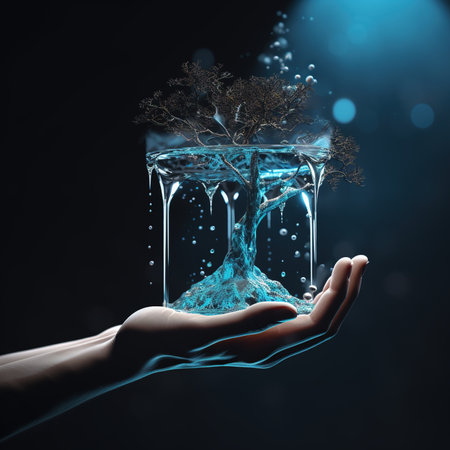 Close up image of human hand holding sprout in water. Mixed mediaの素材