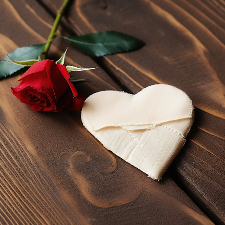 Red rose and heart on wooden background. Valentines day concept.の素材