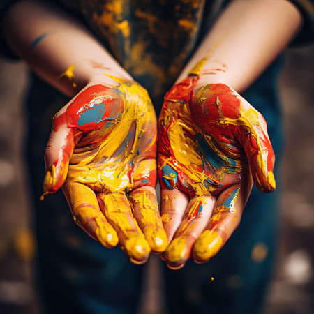 Hands of a young girl covered with bright paint. Close-up.の素材