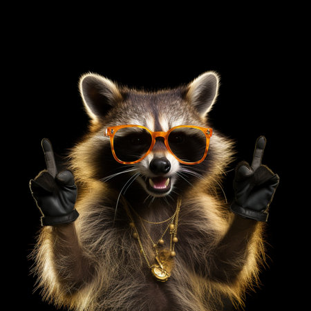 Portrait of Raccoon Wearing Sunglasses Isolated on Black Backgroundの素材