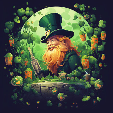 Leprechaun with a gun in the forest. Vector illustrationの素材