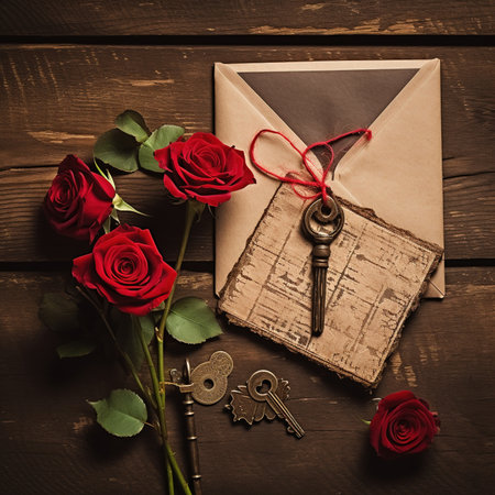 Bouquet of red roses, keys and old letter on wooden backgroundの素材