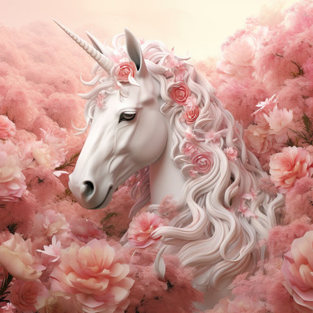 Unicorn and pink flowers. 3D rendering, 3d illustration.の素材