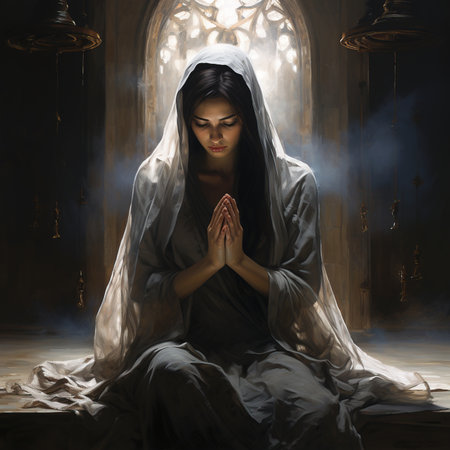 Mysterious woman in a white robe sitting in a dark roomの素材