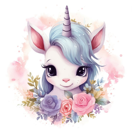 Cute cartoon unicorn with flowers and leaves. Watercolor illustration.の素材