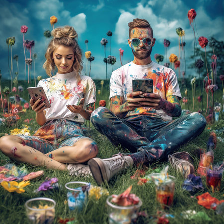Beautiful young hippie couple sitting on the grass with mobile phonesの素材