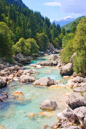 Emerald coloured alpine river Soca / Isonzo, Sloveniaの写真素材