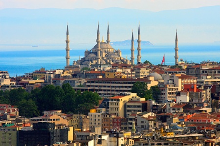 Istanbul skyline with blue mosque and marmara sea in backgroundの写真素材